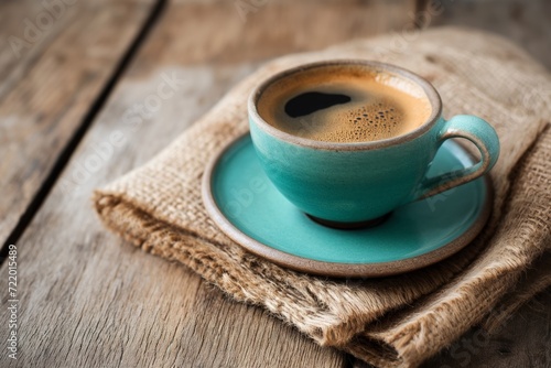 Cup of aromatic black coffee on a brown wooden background