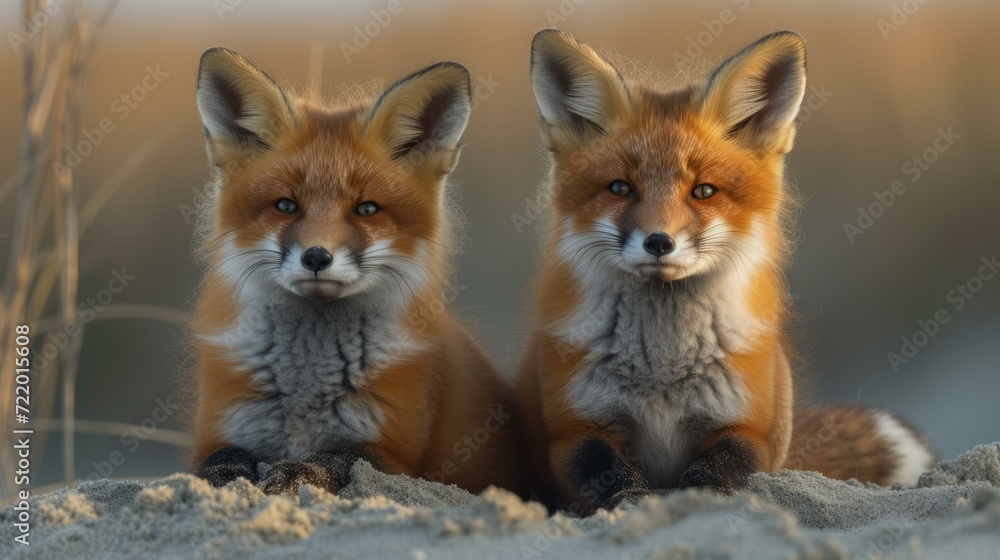 Obraz premium Two red foxes sitting on the sand