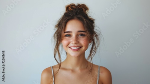 portrait of a beautiful young woman with freckles and a bun smiling at the camera