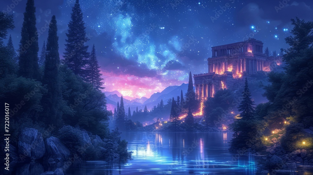 Fantasy landscape with a temple and mountains at night