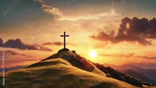The power of faith. A cross on a hill, at sunset photo