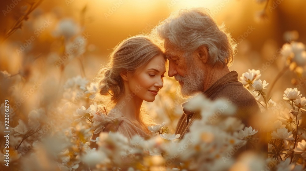 An elderly couple is standing in a field of flowers. An elderly couple is standing in a field of flowers.
