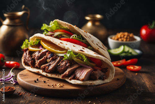fresh grilled beef turkish or chicken arabic shawarma doner sandwich with flying ingredients and spices hot ready to serve and eat food commercial advertisement menu banner with copy space area 