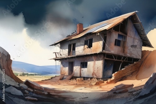 abandoned house painting abandonment and desolation Painting of a house with a fence and a cloudy sky  © azait24