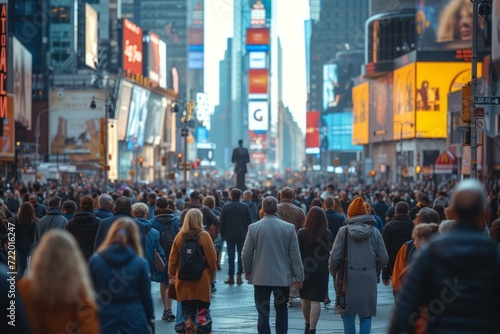 Crowded street in New York City with people crossing the road photo
