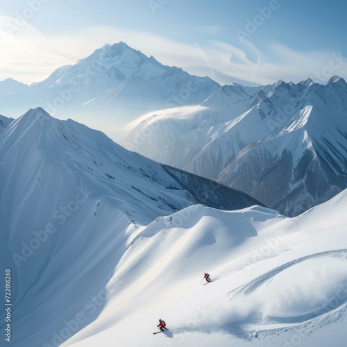 Two skiers are skiing down a steep mountain slope covered in fresh snow with a beautiful mountain landscape in the background