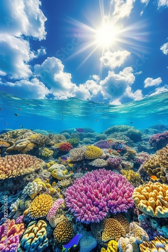 Amazing and beautiful underwater view of a coral reef with many types of fish swimming around © Adobe Contributor