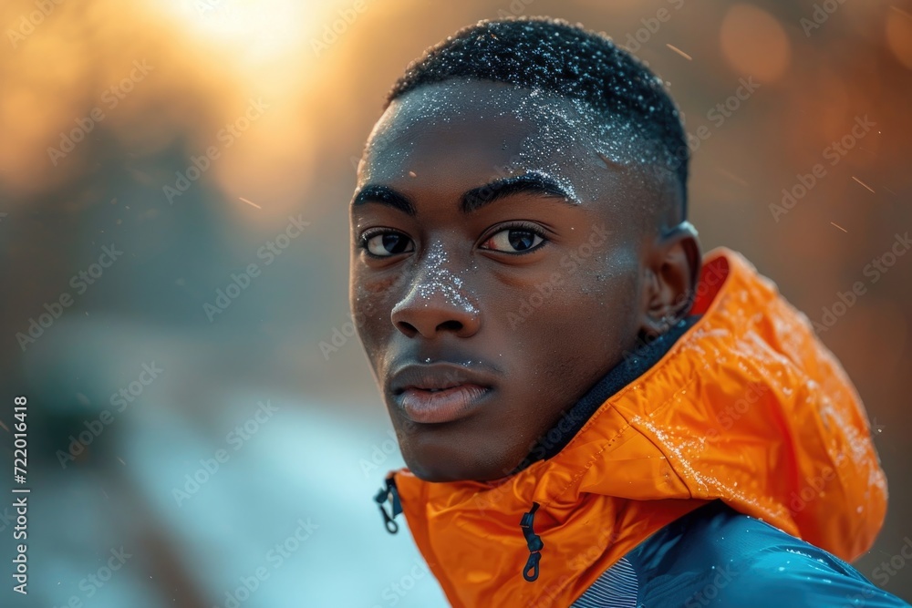 Young man with snow on his face stands in forest during winter sunset, showcasing vibrant orange jacket against blurred background Young man with snow on his face stands in forest during winter sunset, showcasing vibrant orange jacket against blurred background