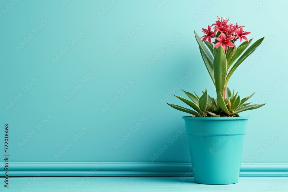 A beautiful pink flower in a blue pot sits in front of a blue background A beautiful pink flower in a blue pot sits in front of a blue background
