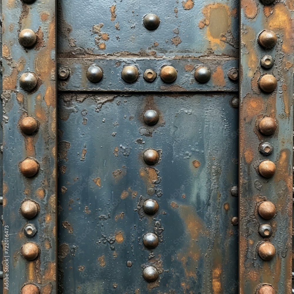 Close up of a rusty metal plate with rivets.