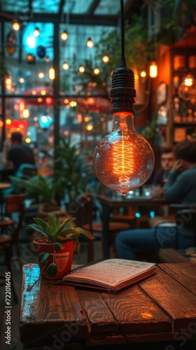 An incandescent bulb hanging from the ceiling of a restaurant with a plant and notebook on a table underneath it