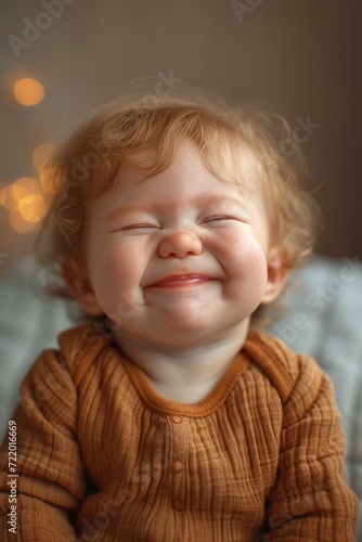 A happy baby with red hair and blue eyes is sitting on a blanket and smiling.