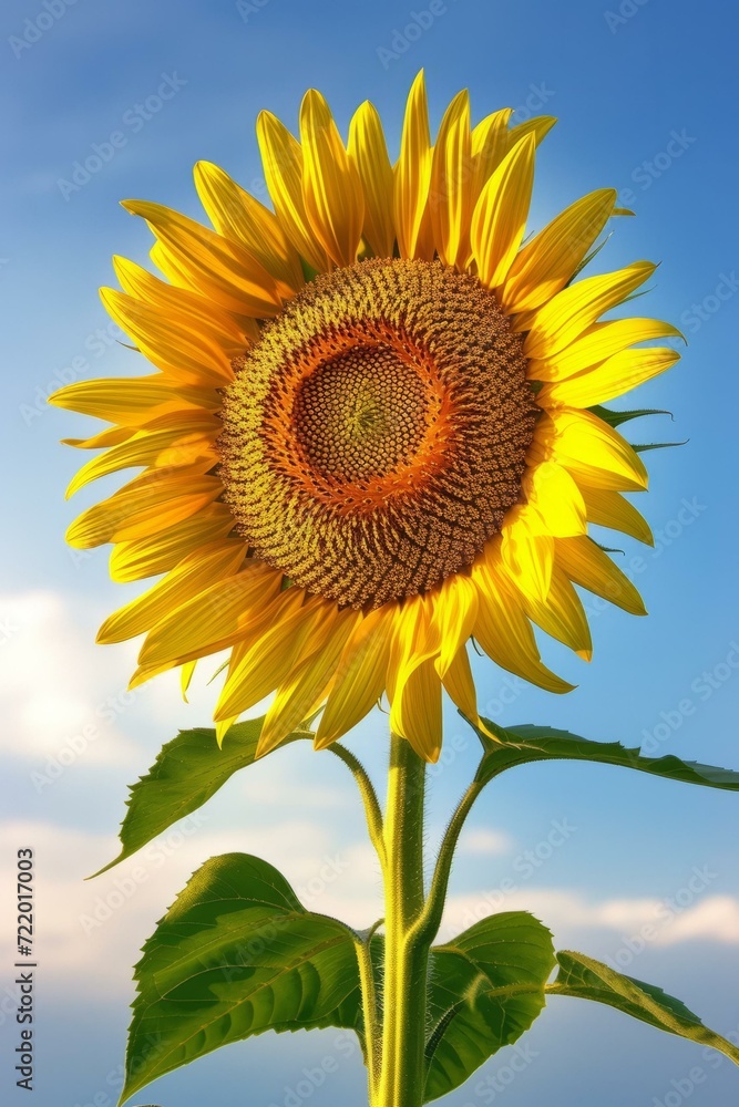 Single sunflower in full bloom against a blue sky Single sunflower in full bloom against a blue sky