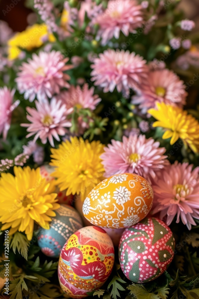 Colorful Easter eggs with flower bouquet