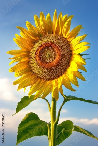Single sunflower in full bloom against a blue sky