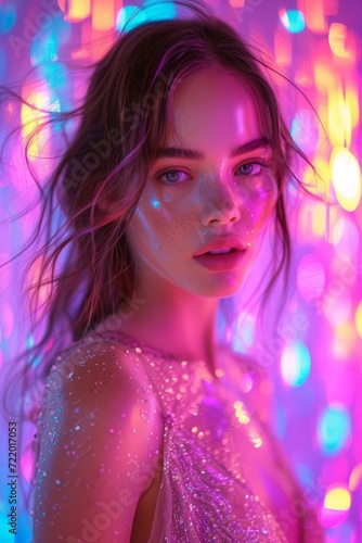 Portrait of a young woman with glitter makeup and a colorful background