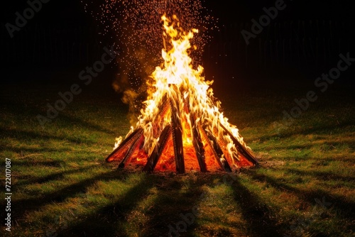 A large bonfire burns brightly at night, casting shadows on the surrounding grass.