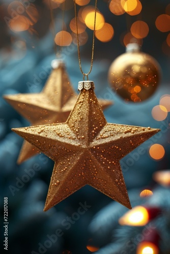 Exquisite Christmas ornaments hanging on a blue spruce
