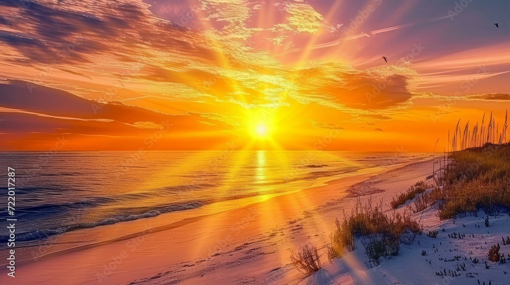 Beach sunset landscape with bright orange sky and white sand