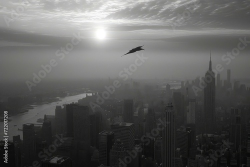Black and white cityscape with a bird flying over the skyline