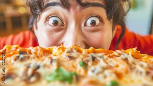 A woman with wide open eyes looks at a pizza hungrily photo