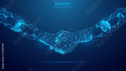 Low poly style Blockchain technology agreement handshake business concept illustration.