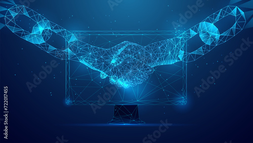 Low poly style Blockchain technology agreement virtual handshake business concept illustration.