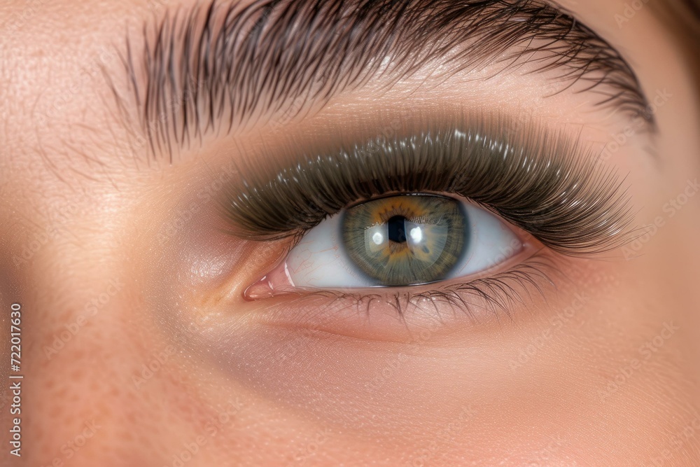 Close-up image of a woman's green eye with long false eyelashes and a dark eyebrow Close-up image of a woman's green eye with long false eyelashes and a dark eyebrow