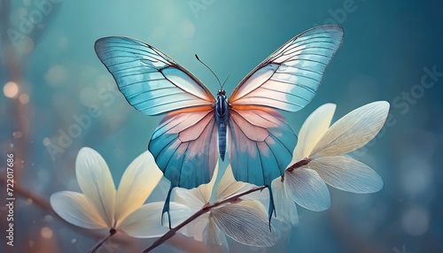 a stunning digital illustration featuring a beautiful butterfly gracefully isolated against a serene blue background. Capture the intricate details of the butterfly's wings, and evoke a sense of tranq
