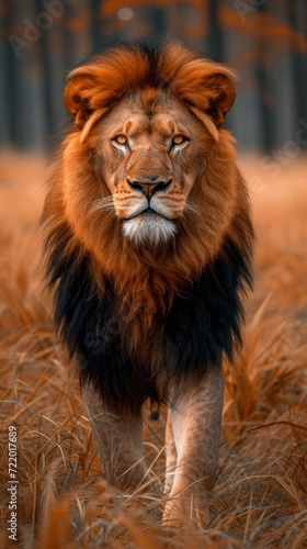 Close up of a male lion with a dark brown mane walking through the tall yellow grass in the African savanna