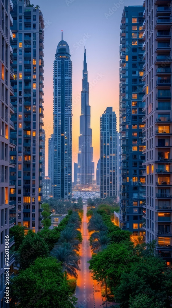 Obraz premium Modern City with Tall Buildings and a Road in Between