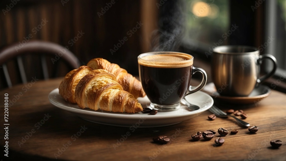Croissant and Cup of hot Coffee on the wood table Croissant and Cup of hot Coffee on the wood table