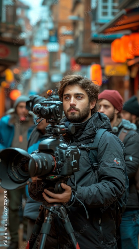 A young man with a beard is holding a camera and filming something on the street. A young man with a beard is holding a camera and filming something on the street.