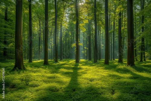 The sun shines through the tall trees in the forest © Adobe Contributor