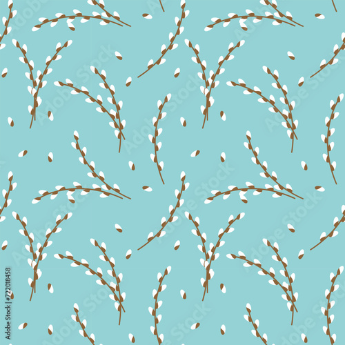 Vector image features repeating pattern of stylized willow branch on blue backdrop, suggestive of fresh springtime theme.