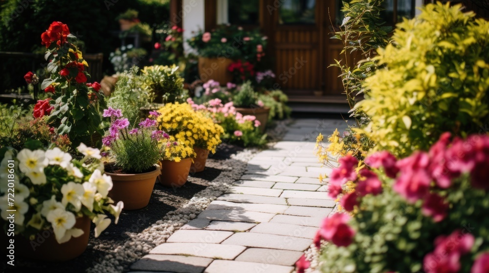 Entrance To A Garden Of A House, With A Path With Pots Of Various Flowers. Gardening Background With Flower Pots In A Sunny Spring Or Summer Garden. Generative AI
Entrance To A Garden Of A House, With A Path With Pots Of Various Flowers. Gardening Background With Flower Pots In A Sunny Spring Or Summer Garden. Generative AI