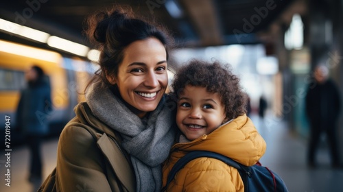 Smiling And Happy Mother And Little Daughter At The Train Station. Family Or Solo Travel Concept. Generative AI photo
