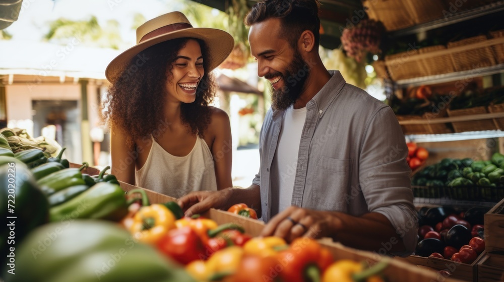 Multicultural Couple, Engaging in the Delightful Experience of Purchasing Organic Agricultural Products at the Nearby Farmers Market. Generative AI.