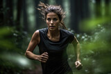 A woman energetically runs through a dense forest wearing a black shirt.