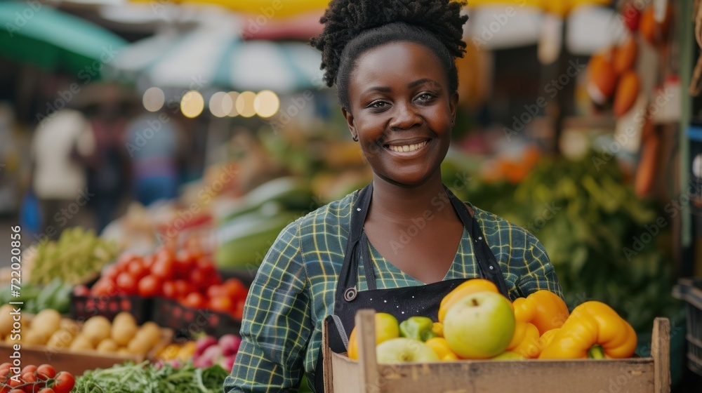 Radiant Mature Black Woman Managing an Outdoor Farmers Market Stall, Showcasing a Bounty of Fresh, Organic Farm Products. Confident African Businesswoman. Generative AI Radiant Mature Black Woman Managing an Outdoor Farmers Market Stall, Showcasing a Bounty of Fresh, Organic Farm Products. Confident African Businesswoman. Generative AI