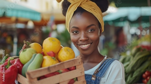 Smiling Young Black Woman Working at an Outdoor Farmers Market Stall  with Fresh Organic Farm Products. African Businesswoman Holding a Box with Fruits and Vegetables. Generative AI