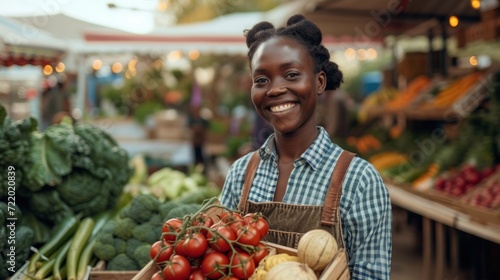 Confident African Businesswoman Gracefully Holds a Box Overflowing with Vibrant Fruits and Vegetables. Outdoor Farmers Market Stall, Showcasing a Bounty of Fresh, Organic Farm Products. Generative AI