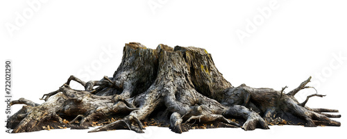 Realistic image of an old, textured tree stump with sprawling roots, isolated on a white background photo