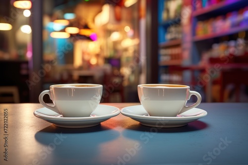 Two coffee cups sit on a wooden table  illuminated by the warm morning sunlight.