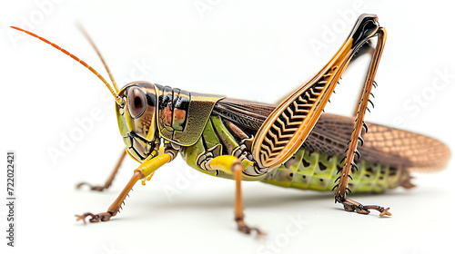 Stunning eye-level shot of a grasshopper showcasing its intricate details. Packshot with a sharp focus, depth of field, and studio lighting against a white plain background.