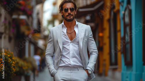 sexy bearded man with open collar shirt in grey suit walking photo