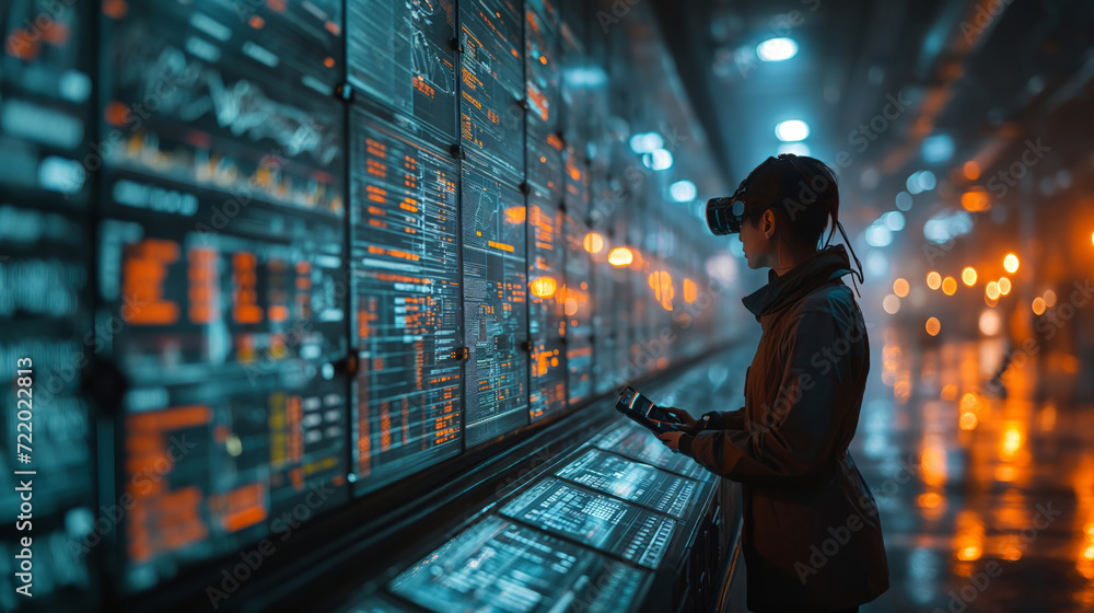smart young woman checking the software on big holographic screens smart young woman checking the software on big holographic screens