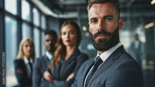 bearded sexy businessman posing in front of his business team