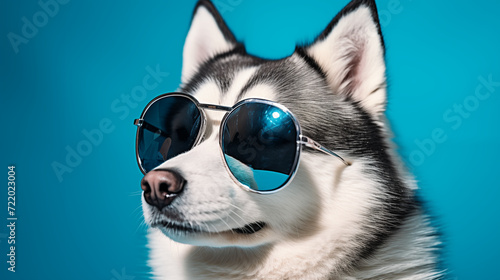 Cool Husky Dog Wearing Sunglasses on Blue Background