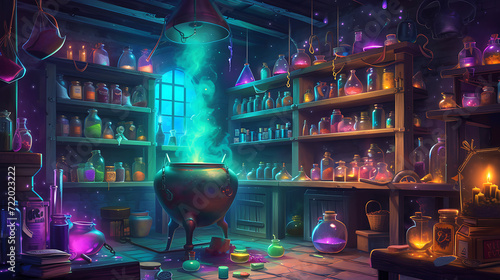 A whimsical potion shop where shelves are filled with colorful concoctions and bubbling cauldrons.